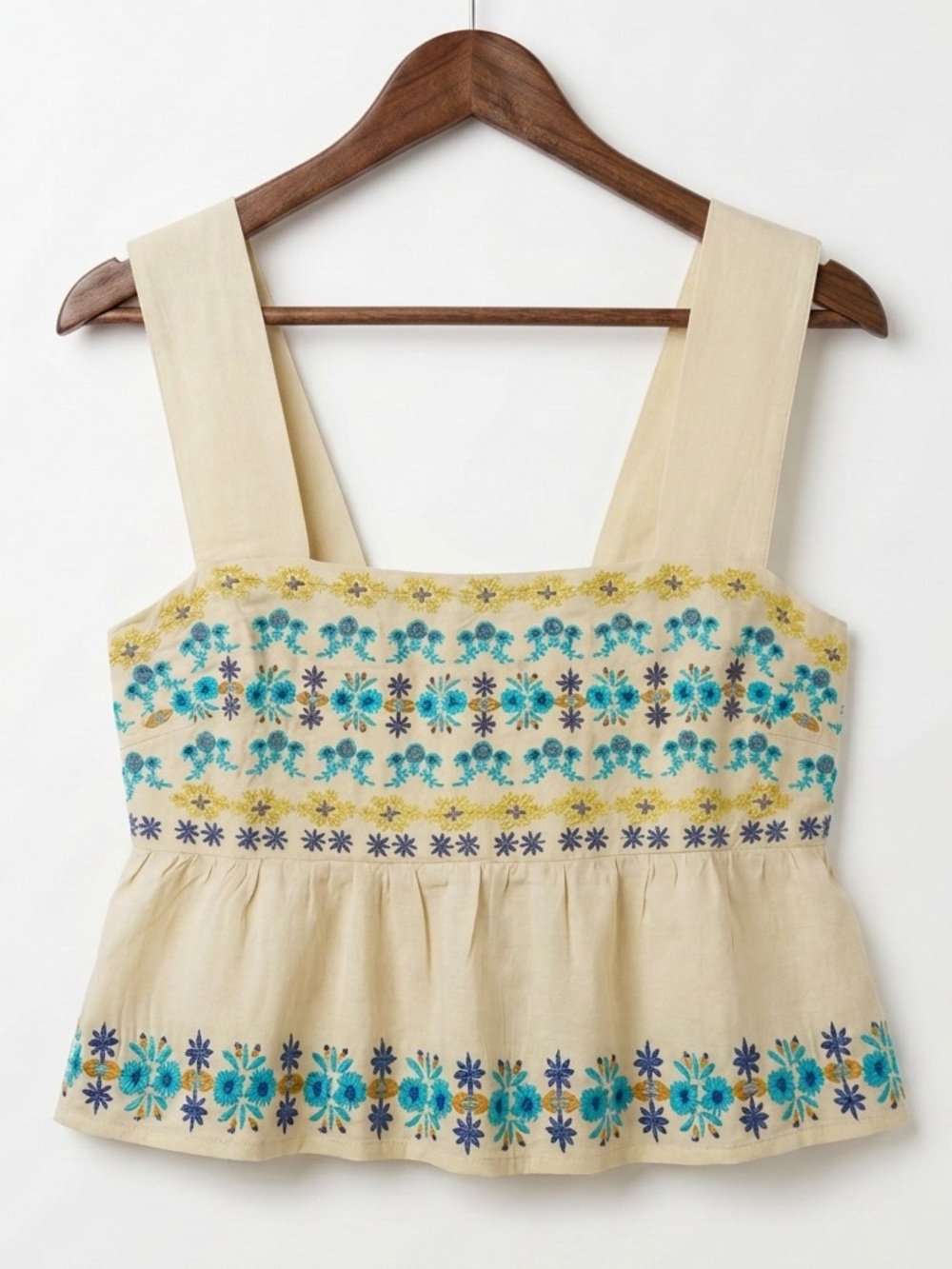 Naturalizer Cream Tank with Blue and Teal Floral Embroidery